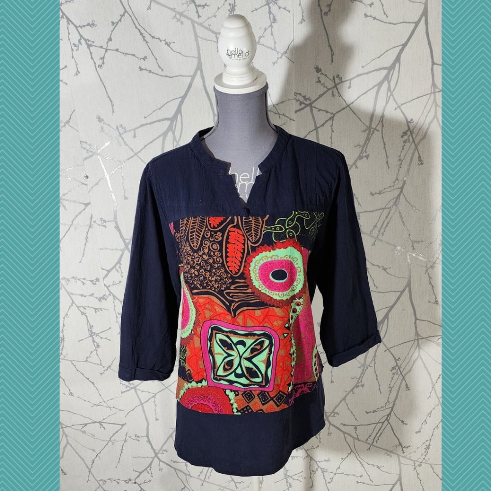 O-necue Navy Abstract Art Printed Mandarin Collar Blouse